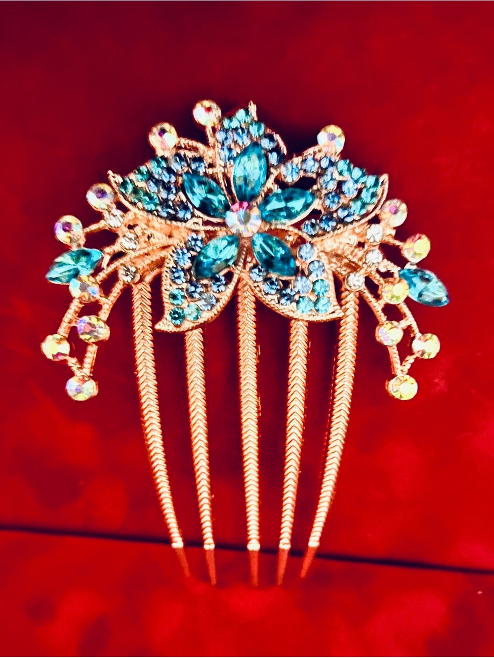 Vintage-Style Aquamarine Blue Rhinestones Floral Hair Comb with Sachet, HTF New